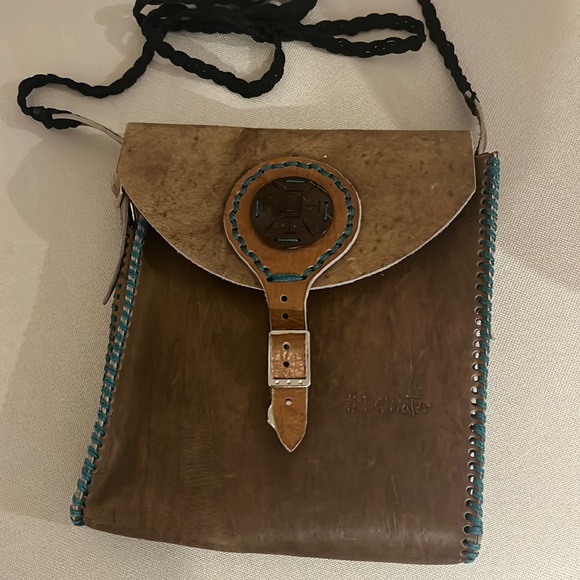 ✨SALE✨Handmade Leather Tribal Stitched Crossbody Bag Brown Turquoise Coconut - Picture 2 of 9